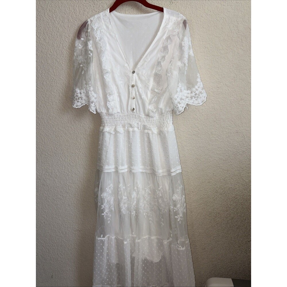 French White Dress Floral Lace Swiss Dot Maxi Boho Tiered Prairie Romantic Sexy